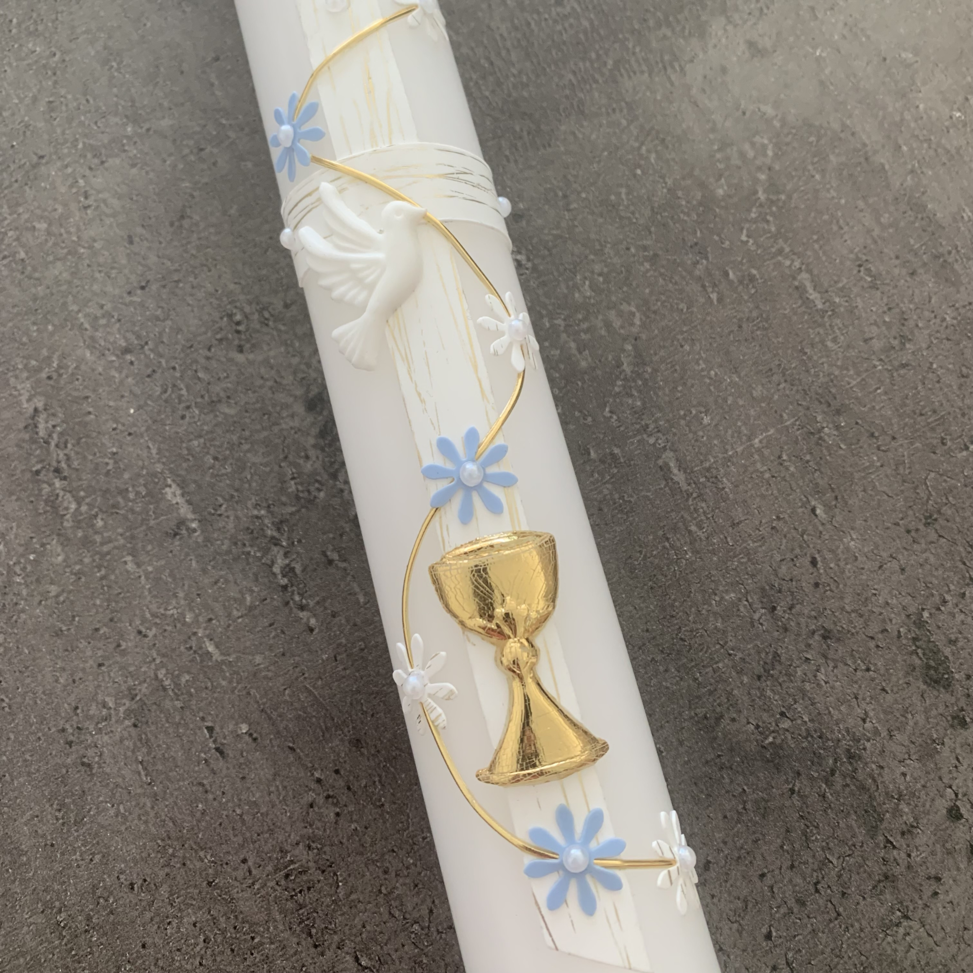 Preview: Edle Kommunionskerze Kommunionkerze Taufkerze mit Kelch 40x4 cm weiß silber personalisiert